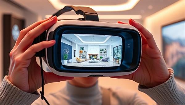 An engaging VR headset displaying a futuristic virtual property tour, with prospective buyers exploring a beautifully designed virtual home, showcasing the immersive experience and innovative technology.