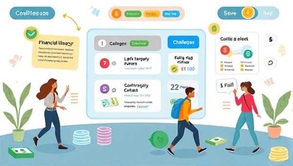 An artistic representation of a dynamic and engaging financial literacy game interface with interactive quizzes, challenges, and rewards, featuring diverse avatars navigating financial scenarios and learning opportunities, symbolizing fun and educational gameplay in personal finance.