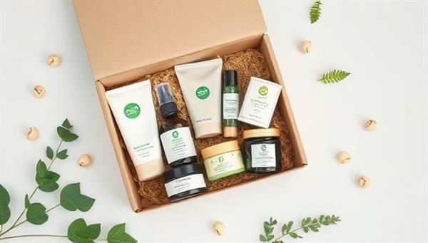 An artistic flat lay of a beautifully designed eco-friendly beauty box filled with sustainable skincare products, recyclable packaging, and plant-based ingredients, conveying a message of environmental consciousness and luxury.