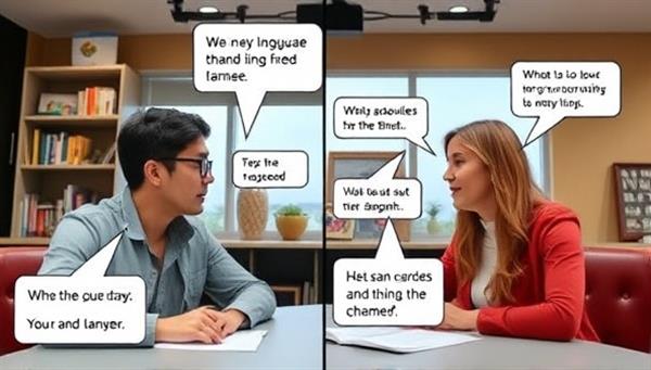 An engaging virtual language exchange session depicted through a split-screen view showing participants conversing in different languages with text bubbles highlighting key phrases and translations, creating a dynamic and interactive learning environment.