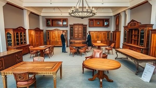 An elegant showroom setting displaying a variety of custom wooden furniture pieces, including tables, chairs, and cabinets, showcasing intricate details and craftsmanship, with a team of designers discussing new project ideas, conveying sophistication and creativity in furniture design.