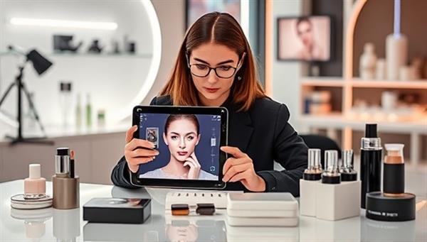 A futuristic beauty tech consultancy setup featuring a consultant demonstrating the latest AR beauty app on a tablet, surrounded by tech gadgets and beauty product prototypes, highlighting the fusion of technology and beauty innovation in a sleek and professional environment.