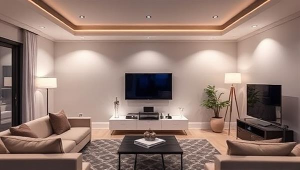 A modern living room with voice-activated lights, a smart thermostat, and a home entertainment system all seamlessly integrated, showcasing the convenience and luxury of a smart home setup.