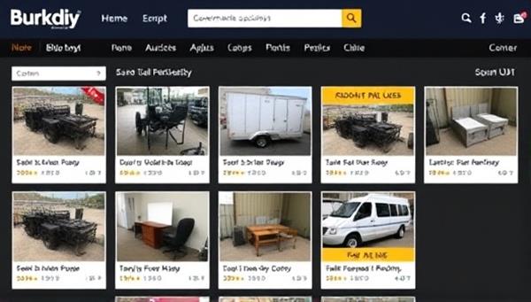 An online auction interface showcasing various government surplus items up for bidding, including images, descriptions, and bid counters, creating a dynamic and engaging shopping experience for buyers.