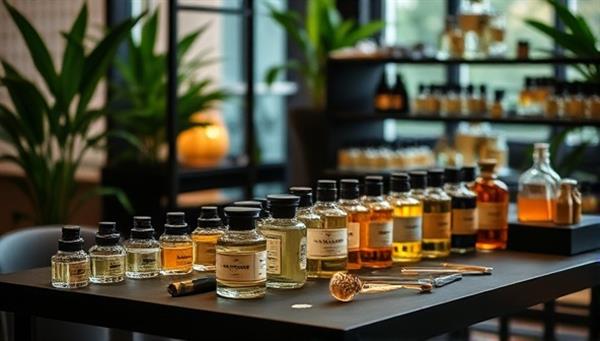 An elegant workshop setup with rows of glass fragrance bottles, essential oils, and blending tools on a stylish table, surrounded by lush greenery and soft ambient lighting, creating a sophisticated and immersive setting for bespoke perfume creation.