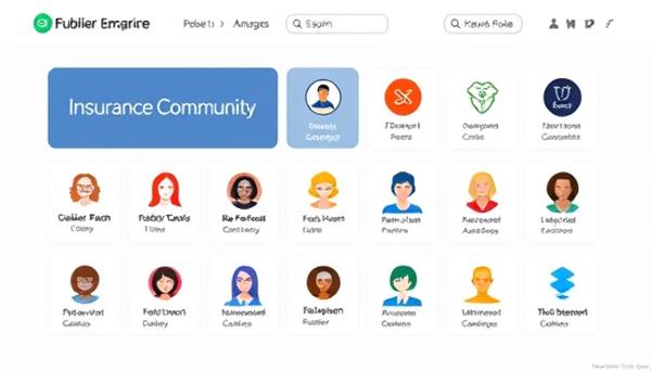 An interactive digital platform interface displaying different insurance community groups, each with unique logos and member profiles, showcasing the diversity and collaborative nature of the peer-to-peer insurance exchange.