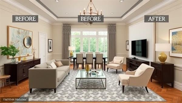 An elegantly designed virtual room with interactive elements, showcasing before-and-after transformations, stylish furniture, and color schemes to inspire clients and demonstrate the potential of virtual interior design services.