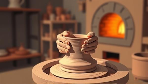 A serene digital illustration capturing the artistry of ceramic crafting, featuring a potter