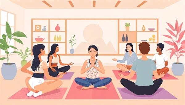 An engaging digital illustration of a virtual wellness session, featuring a diverse group of participants meditating, exercising, and engaging in a virtual group discussion, promoting holistic well-being and connection.