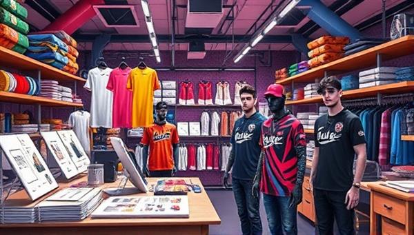 An artistic representation of a virtual workshop filled with vibrant textile patterns, design sketches, and custom gaming apparel samples, with digital avatars wearing personalized jerseys and accessories, highlighting the creativity and customization options available through the esports apparel customization studio.