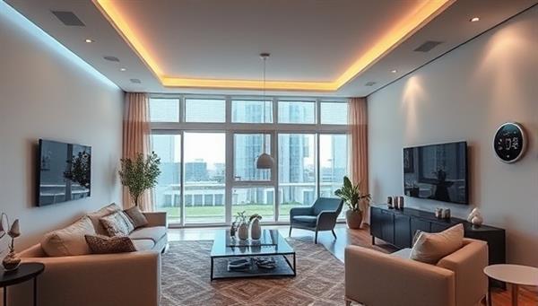 A modern living room with integrated smart home devices, such as voice-controlled lighting, automated blinds, and a smart thermostat, creating a futuristic and comfortable atmosphere in a renovated space.