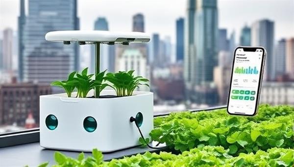 A modern, sleek urban farming kit with compact planters, integrated smart sensors, and a mobile app interface for monitoring plant health, set against a backdrop of a bustling cityscape with greenery in the foreground, emphasizing sustainability in urban living.