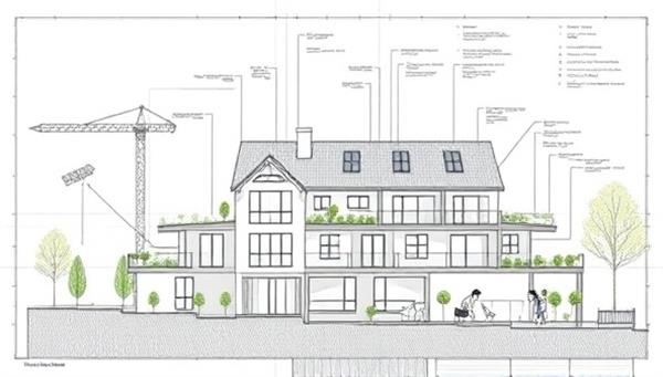 An architectural blueprint with eco-friendly design elements such as solar panels, green roofs, and rainwater harvesting systems, illustrating the concept of sustainable real estate development and eco-conscious design principles.