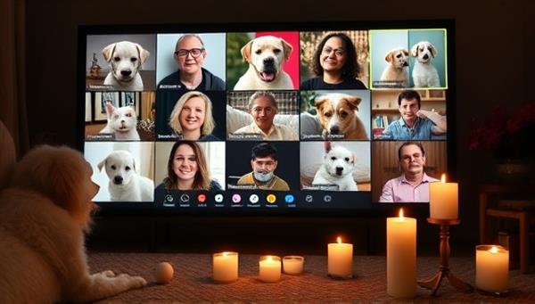 A comforting visual of a virtual pet loss support group session with participants sharing their stories and emotions on screen, surrounded by images of pets and candles, creating a space of empathy and healing.