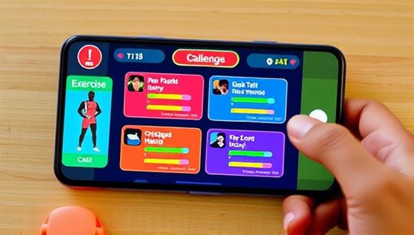 An engaging and colorful game interface on a mobile phone, displaying various exercise challenges with progress bars and motivational icons, illustrating the gamified approach to physical rehabilitation.