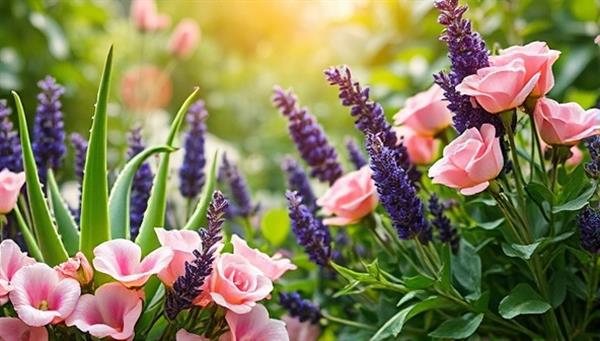 An artistic depiction of a lush botanical garden with skincare ingredients like aloe vera, lavender, and rose petals, symbolizing the natural and personalized approach of the customized plant-based skincare products.