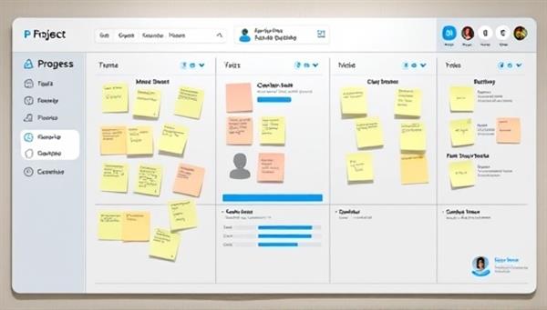 A virtual project management board with digital sticky notes, progress bars, and team avatars collaborating in real-time, illustrating efficient remote project management and team collaboration in a virtual workspace.