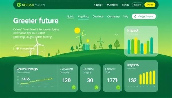 An eco-friendly investment platform interface showcasing green energy projects, sustainable companies, and impact metrics, with users monitoring their investments