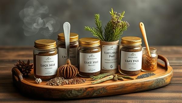 An elegant and sophisticated display of organic spice jars, botanicals, and infusion tools arranged on a rustic wooden tray, emitting aromatic scents and showcasing the artisanal and organic essence of the Pure Spice Fusion subscription service.