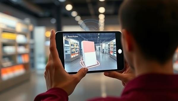 An image of a user interacting with a virtual product in a real-world setting through an AR app, capturing the blend of virtual and physical elements in a visually striking manner.