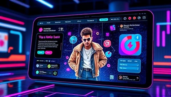 A sleek digital interface displaying a virtual influencer posing with a trendy product, surrounded by futuristic graphics and vibrant colors, capturing the essence of digital marketing innovation.