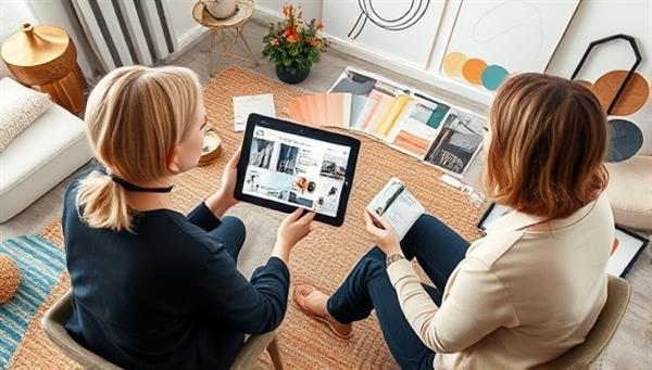 A visually appealing scene of a virtual interior design consultation with a designer presenting a mood board and design proposals on a digital tablet to a client, surrounded by fabric swatches, paint samples, and decorative elements, creating a stylish and inspirational atmosphere.