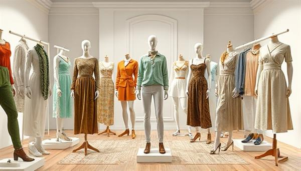 A digital fashion studio scene with a diverse range of eco-friendly clothing designs, accessories, and textiles displayed on virtual mannequins, reflecting the creativity and sustainability focus of the EcoChic Studio platform.