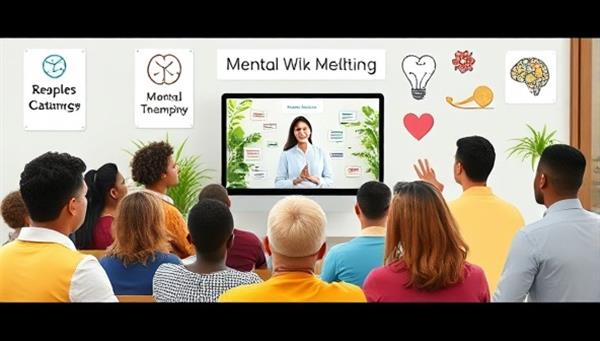 A diverse group of individuals engaging in a virtual mental health workshop, with a therapist leading the session on-screen, surrounded by supportive messages and symbols of mental well-being, promoting inclusivity and community.