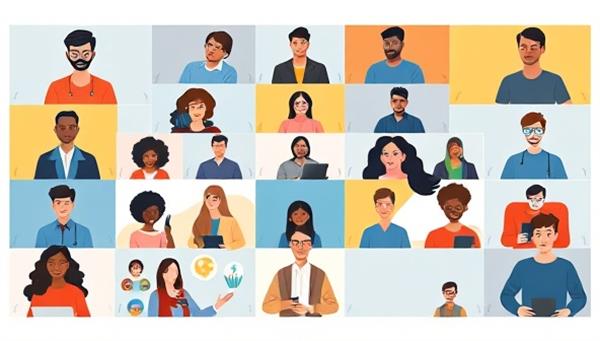 A vibrant and diverse virtual community of users engaging in skill-sharing activities through video calls and interactive tutorials, showcasing the platform