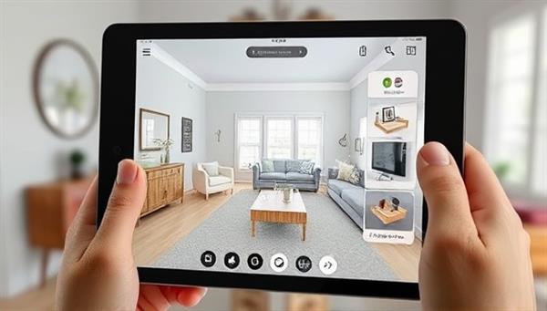 An AR home design consultation session featuring a virtual room layout displayed on a tablet, with interactive furniture placement options and decor suggestions superimposed on a room view, illustrating the creative and practical design approach of ARchitect Design Studio.