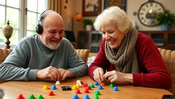 A heartwarming image of a virtual game session between a senior individual and a companion, with smiles on their faces, surrounded by colorful game pieces and a cozy virtual environment, illustrating joy and connection.