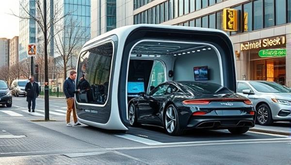 An urban street scene showcasing a sleek and futuristic car maintenance pod with a customer interacting with the interface, highlighting the convenience and modernity of the service.
