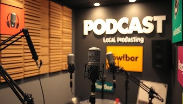 An intriguing podcast recording studio setup with microphones, soundproofing panels, and colorful branding elements, symbolizing the vibrant and engaging world of local podcasting and the potential for businesses to connect with audiences through audio storytelling.