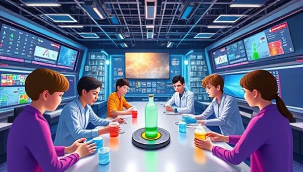 An exciting virtual world filled with science labs, engineering challenges, mathematical puzzles, and futuristic technology, where avatars representing students engage in hands-on STEM learning activities, fostering curiosity and exploration.