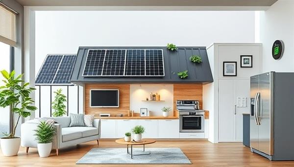 An eco-friendly smart home setup featuring solar panels, smart thermostats, and energy-efficient appliances seamlessly integrated into a modern living space, highlighting the sustainability and advanced technology of GreenTech Living solutions.
