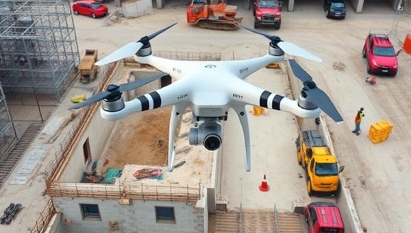 An aerial drone capturing a construction site from above, showing workers in action, machinery at work, and the site layout, illustrating the advanced technology and comprehensive view provided by AeroInspect Solutions