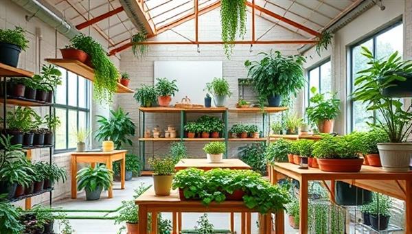 An image of a vibrant workshop space filled with greenery and vertical farming installations, showcasing a dynamic learning environment that inspires creativity and sustainable practices.