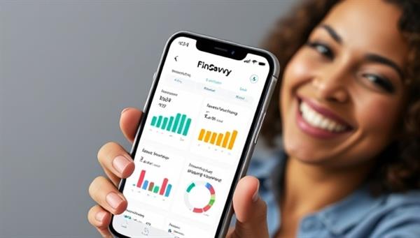 An engaging visual of a smartphone screen displaying the FinSavvy AI app interface, showcasing colorful graphs, budgeting tools, and personalized financial recommendations, with a user smiling in satisfaction.