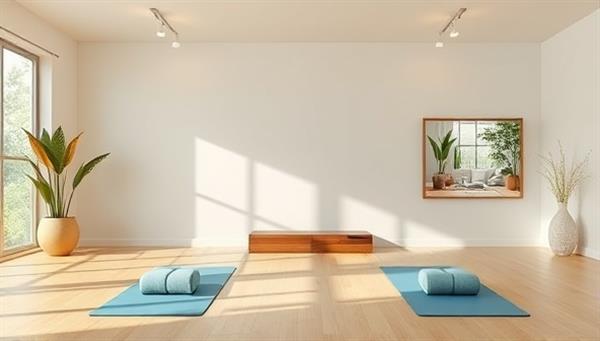 An online platform showcasing a serene virtual retreat space with calming colors, yoga mats, and digital screens displaying wellness workshops, inviting viewers to join a peaceful and rejuvenating experience.