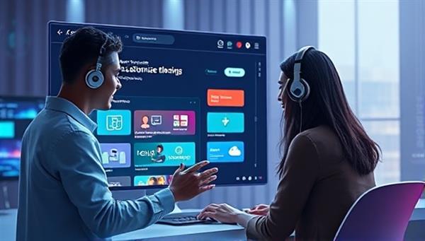 An artistic representation of a client interacting with a virtual assistant through voice commands to customize elements on a website interface, highlighting the hands-free and futuristic design experience offered by VoiceWeb Assist.