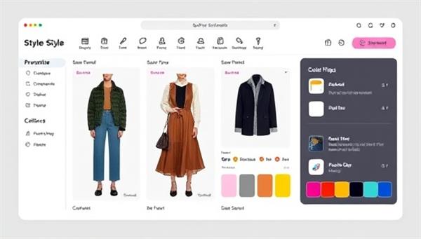 An interactive virtual styling platform interface showing a user-friendly dashboard with personalized outfit suggestions, color palettes, and style tips, creating a seamless and engaging styling experience.
