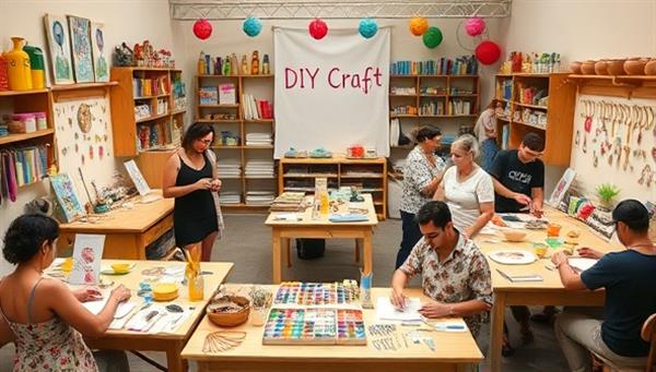 A vibrant DIY craft studio setup with colorful supplies, tools, and workstations for various crafting activities like painting, pottery, and jewelry-making, surrounded by enthusiastic participants creating handmade treasures, showcasing a hub of creativity and community connection.