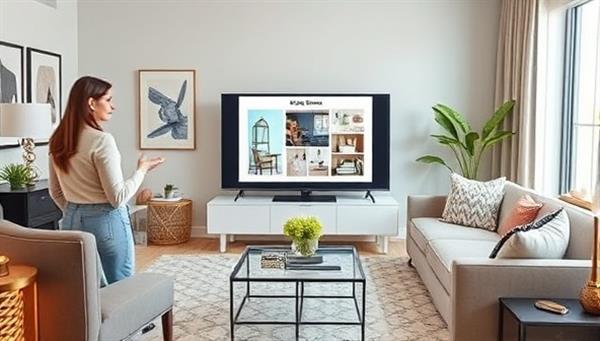 A stylish virtual living room setup with a designer presenting a digital mood board on a screen, surrounded by design samples, fabric swatches, and decor elements, creating a visually appealing and interactive virtual design consultation experience.