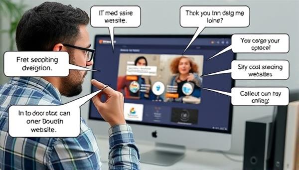 An individual using voice commands to design a website on a computer screen, with speech bubbles showing various commands like "Add image," "Change color scheme," and "Publish," emphasizing the hands-free and intuitive nature of VoiceWeb Creator.