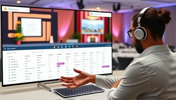 An event planner virtually coordinating a virtual conference setup, reviewing guest lists and event schedules on a digital dashboard, with virtual event props and decorations in the background, creating a dynamic and organized event planning atmosphere.