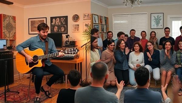 A split-screen image showing a musician performing live from a home studio on one side, and a diverse audience of viewers interacting, chatting, and applauding virtually on the other side, illustrating the connection between artists and fans in a virtual music experience.