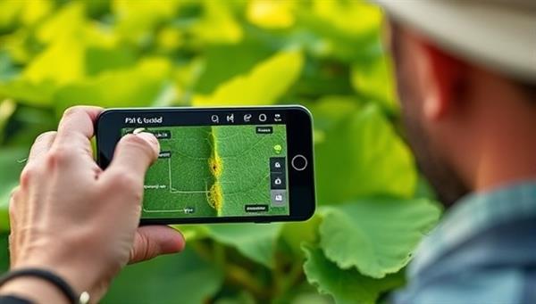 An animated visualization of a farmer using the PestAI Guard app on a smartphone, scanning a plant leaf for pest detection, with instant analysis results displayed on the screen and suggested treatment options, highlighting the convenience and precision of AI-powered pest management.