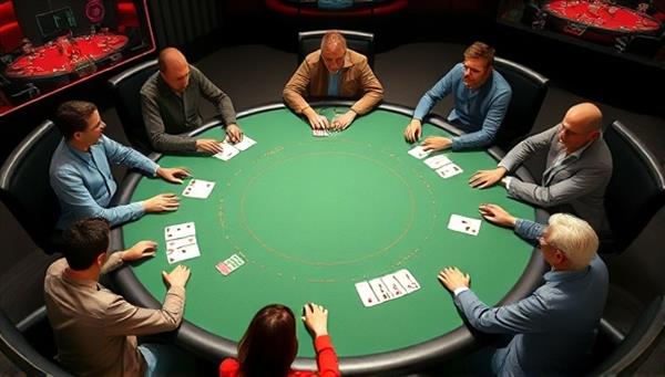 An interactive virtual poker table surrounded by digital avatars of players engaged in a coaching session, with virtual cards and chips, exuding a sense of community and competitive spirit.