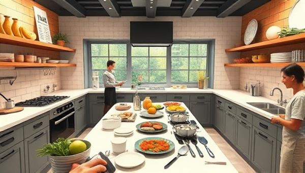 A virtual kitchen setting with multiple cooking stations, ingredients, and digital cooking utensils, where users and instructors interact in real-time cooking classes, sharing tips and techniques, creating a lively and engaging culinary community atmosphere in a digital space.