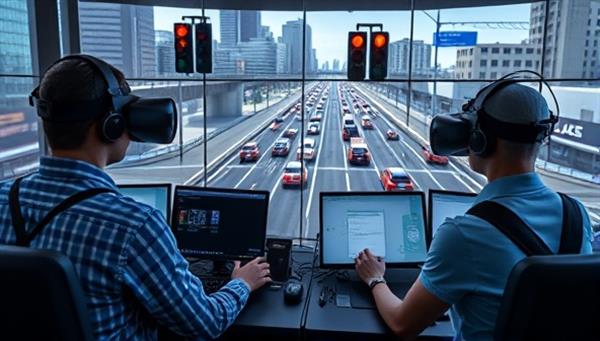 An immersive VR simulation environment with traffic controllers wearing VR headsets, managing virtual traffic signals and flow in a dynamic urban landscape, showcasing the high-tech training experience offered by SimuDrive Academy.